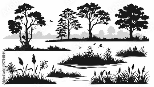 Black Silhouette Nature Landscape Elements Set Trees Grass Reeds Vector Graphics for Web Design Environmental Illustration Projects