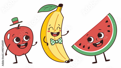 Cheerful Cartoon Fruits Apple Banana Watermelon Characters Dancing for Kids Education Food Fun Design