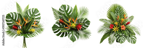 Set of Three Tropical Flower Bouquets with Monstera and Palm Leaves Isolated on White