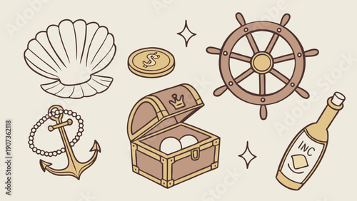 Nautical Treasure Collection Vector Set for Summer Vacation Travel Game Design Adventure Icons for Website UI UX