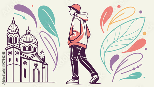 Urban Traveler Walking Past Historic Cathedral Architecture with Vibrant Leaf Accents for Travel Blog Design