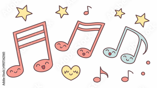 Cute Kawaii Music Notes and Stars for Childrens Party Invitation Design or Happy Melody Background Graphic