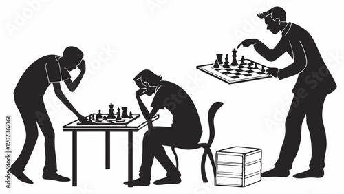 Focused Chess Players Deep in Thought While Mentor Points to Strategy on Board for Education or Competition Success