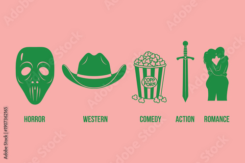 Green genre on pink background with labels genres horror western comedy