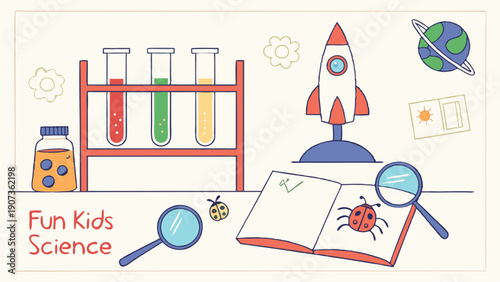 Fun Kids Science Education Illustration with Rocket, Test Tubes, and Ladybug for Learning Materials and Classroom Posters