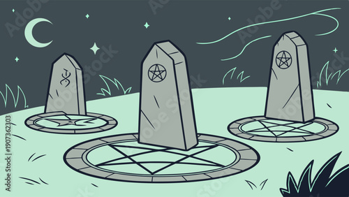 Mystical Pagan Ritual Site with Engraved Standing Stones and Pentagram Circles for Occult Website Design or Halloween Promotion