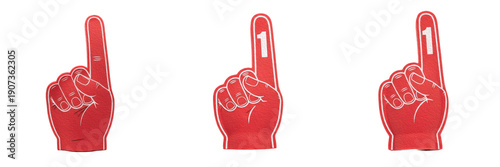 Set of Three Red Foam Fingers Number One Fan Hand Isolated on White
