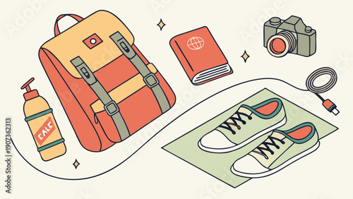 Travel Packing Essentials for Summer Vacation Adventure Photography Gear and Comfortable Sneakers for Holiday Getaway