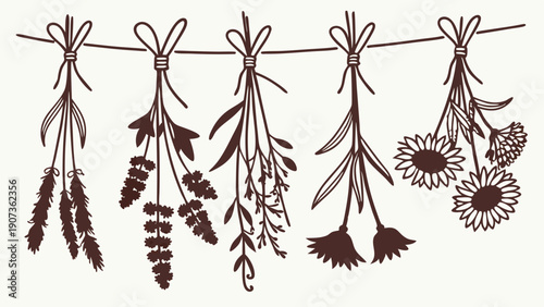 Rustic Herb Bundles Drying on Twine for Apothecary Packaging Design Wellness Blog Graphics