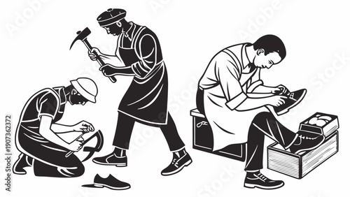 Skilled Shoemakers Repairing and Crafting Footwear in Traditional Workshop Setting for Craftsmanship Portfolios and Industry Visuals