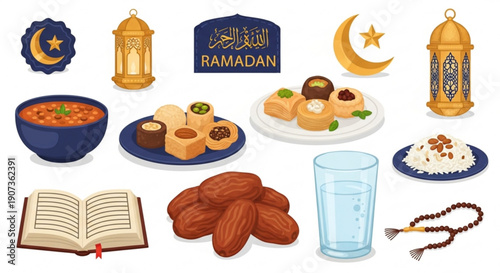 Ramadan symbols and food items for fasting and celebration