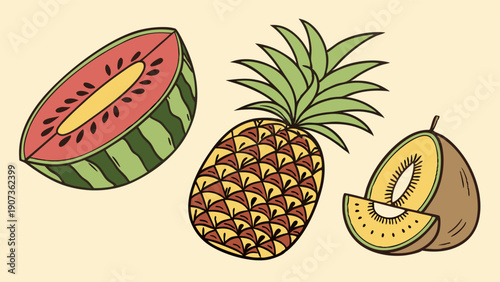 Vibrant Tropical Fruit Illustration for Healthy Eating Recipes Summer Menus Web Design Assets