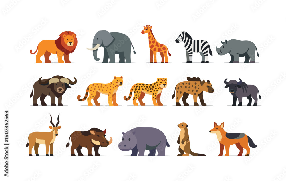 Naklejka premium Savanna mammals flat style: lion, elephant, giraffe, zebra, rhinoceros, buffalo, cheetah, leopard, hyena, wildebeest, antelope, warthog, hippopotamus, meerkat
