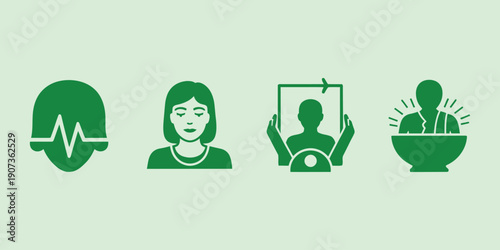 Green mental health with head silhouette and ecg line woman portrait person holding clipboard and person in bowl with rays