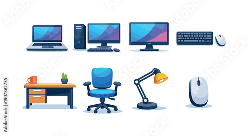 Everyday tech workspace modern colourful flat vector style: laptop, desktop computer, monitor, keyboard, mouse, office desk, swivel chair, desk lamp