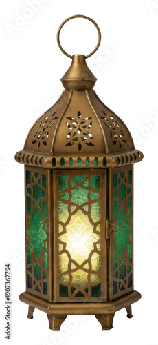 Islamic brass lantern glowing green, isolated transparent Ramadan Eid decor