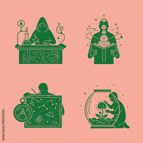 Green of people working with science and technology and plants on peach background