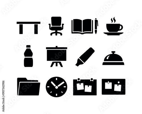 Minimalist Meeting Icons. Logistics service coordination review meeting items in silhouette style: meeting table, chair, notebook, pen, coffee cup, water bottle