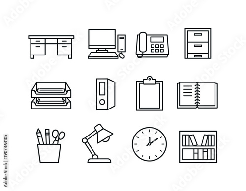 Service delivery operations workspace in linear style: office desk, desktop computer, desk phone, filing cabinet, document tray, binder, clipboard, notebook