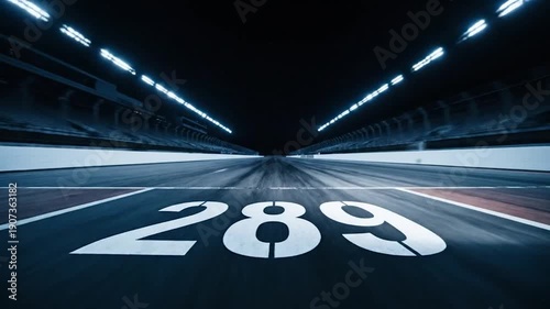 A race car speeds down a track, numbers 289 in view, under bright stadium lights at night