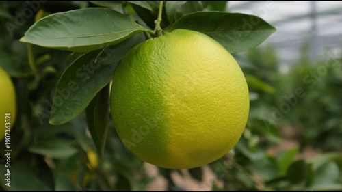 Vibrant green and yellow grapefruit hanging from lush tree