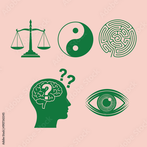 Green philosophy symbols on pink background including scales, yin yang, maze, thinking person, and eye