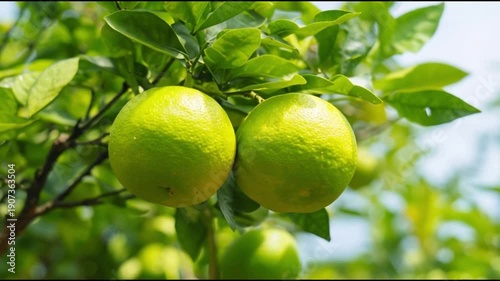 Fresh green oranges hanging from tree with vibrant leaves