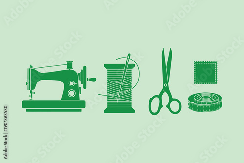 Green sewing machine with spool thread scissors tape measure and fabric patch spool of thread