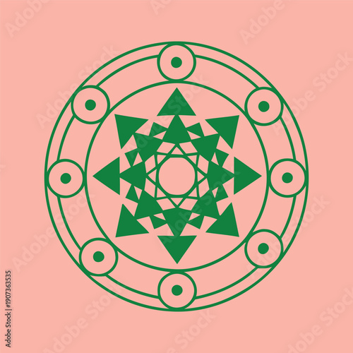 Green sacred geometry pattern on pink background circle triangles