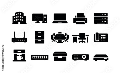 Business Infrastructure in silhouette style: office building, desktop computer, laptop, printer, server rack, router, filing cabinet, conference table, desk