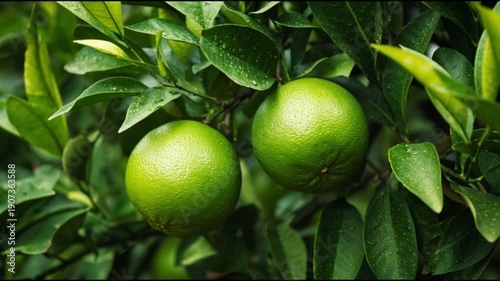 Fresh green limes on lush tree with vibrant leaves