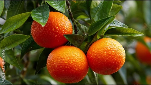 Fresh oranges hanging from tree with green leaves
