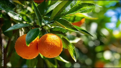 Fresh oranges hanging from tree with green leaves