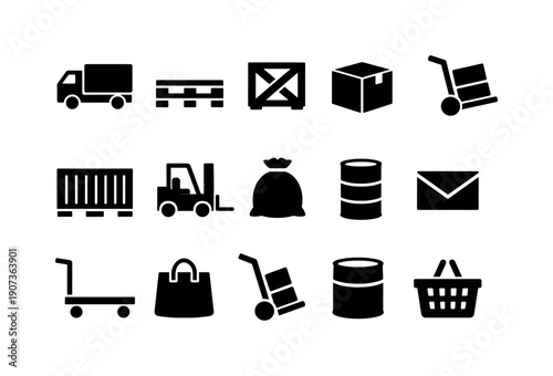 Logistics tools in silhouette style: truck, pallet, crate, box, trolley, container, forklift, sack, barrel, envelope, cart, bag, handcart, drum, basket