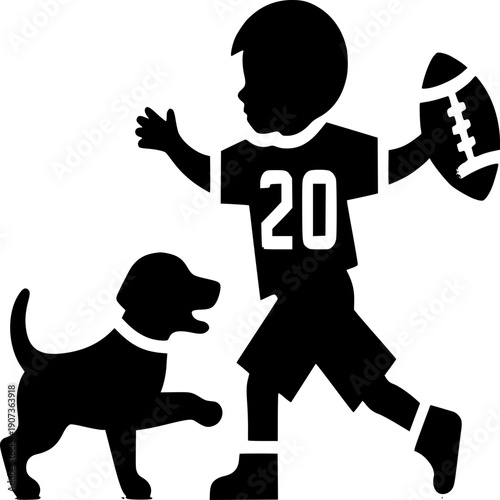 Silhouette Football Fun: A playful boy and his canine companion engage in a spirited game of football. This silhouette captures the essence of youthful energy and outdoor enjoyment.