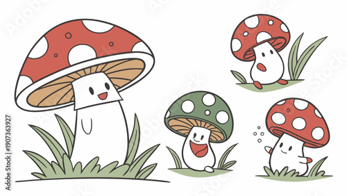 Cute Kawaii Mushroom Characters Cheerful Forest Icons for Kids Games Web Design or Autumn Decoration