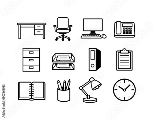 Professional business office workspace in linear style: office desk, swivel chair, desktop computer, desk phone, filing cabinet, document tray, binder