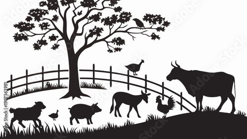 Rustic Farm Silhouette with Livestock Cow Sheep Pig Chicken Turkey Under Tree for Agriculture Branding and Countryside Design Projects