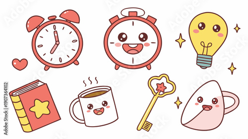 Cute Kawaii Alarm Clocks Coffee Key Lightbulb Book Icons for Morning Routine Planning Study Productivity Design Elements