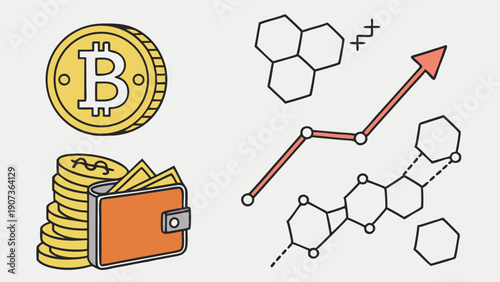 Cryptocurrency Investment Growth Chart with Bitcoin Wallet and Molecular Chemistry Structure for Finance Web Design