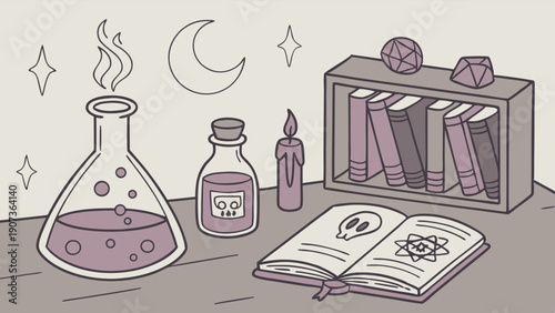 Witchcraft Potion Brewing Alchemist Desk Setup for Occult Magic Spells and Fantasy Book Illustration