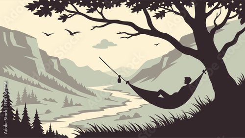Relaxing Man Hammock Camping Vacation Scenic Mountain River Valley Wilderness Escape Travel Poster Design