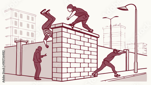Urban Youth Practicing Parkour Freerunning Jumping Over Brick Wall for Sports Fitness and Active Lifestyle Design