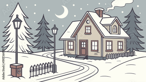Cozy Winter Cabin Scene with Snowfall and Crescent Moon Perfect for Holiday Greetings Website Banners Seasonal Advertisements