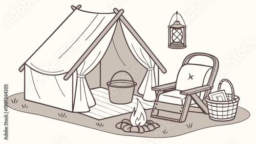 Rustic Camping Scene with Tent Campfire Chair and Lantern for Outdoor Adventure Vacation Relaxation