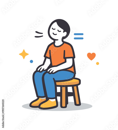 Everyday calm moment of sitting down and resting the body between activities, a simple stool paired with soft pause lines symbolizing short rest and recovery