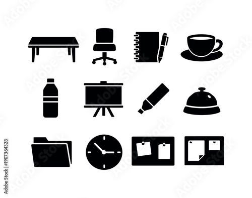 Market positioning strategy meeting items in silhouette style: meeting table, chair, notebook, pen, coffee cup, water bottle, presentation board, marker pen