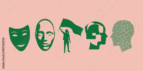 Green silhouettes of faces and a person holding a flag on pink background masks