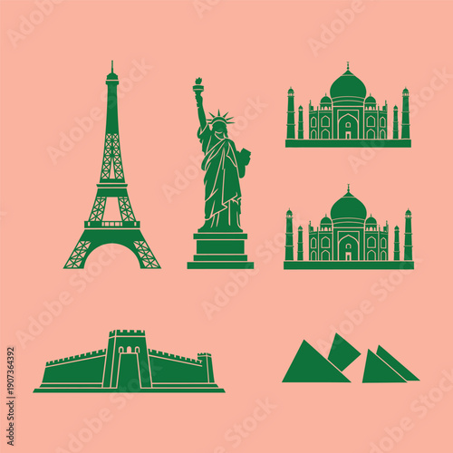 Green silhouettes of famous landmarks on peach background Eiffel Tower Statue of Liberty