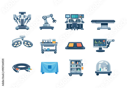 Healthcare robotics equipment in flat style: surgical robot, robotic arm, control panel, operating table, surgical lamp, instrument tray, foot pedal, monitor